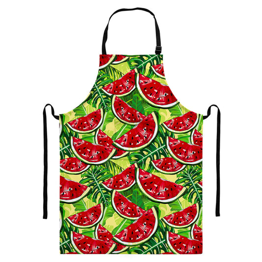 Tropical Leaves Watermelon Pattern Print Bib Apron With Pocket