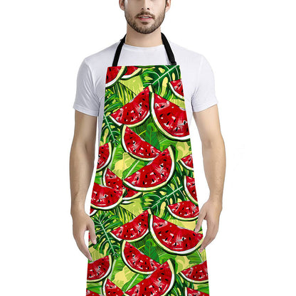 Tropical Leaves Watermelon Pattern Print Bib Apron With Pocket