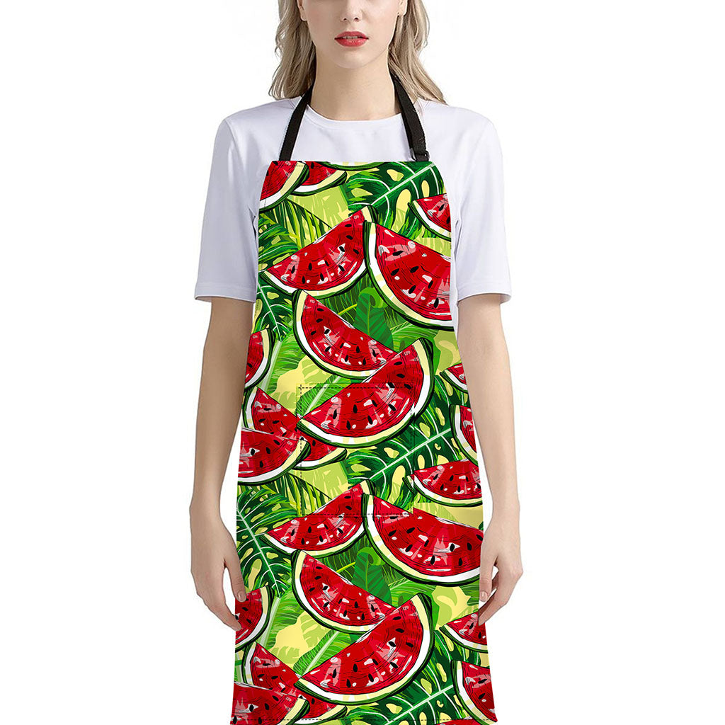 Tropical Leaves Watermelon Pattern Print Bib Apron With Pocket