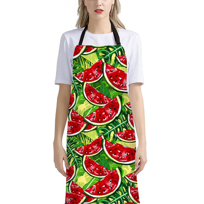 Tropical Leaves Watermelon Pattern Print Bib Apron With Pocket