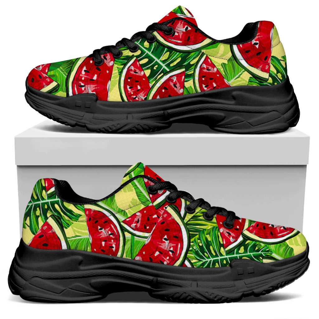Tropical Leaves Watermelon Pattern Print Black Chunky Shoes