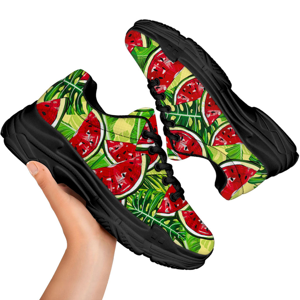 Tropical Leaves Watermelon Pattern Print Black Chunky Shoes