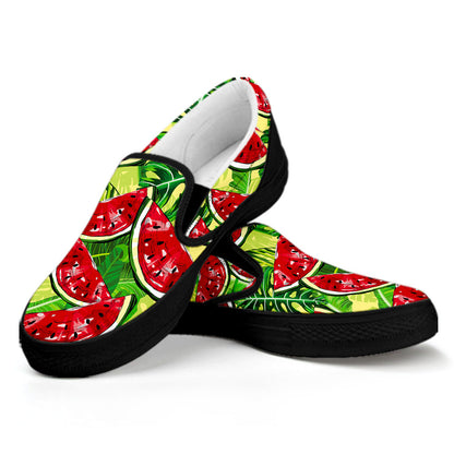Tropical Leaves Watermelon Pattern Print Black Slip On Sneakers