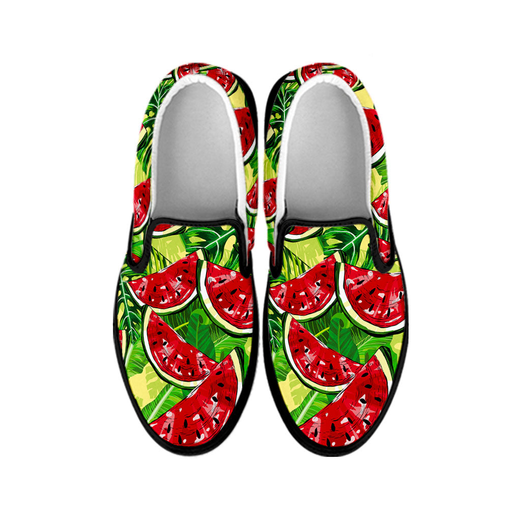 Tropical Leaves Watermelon Pattern Print Black Slip On Sneakers