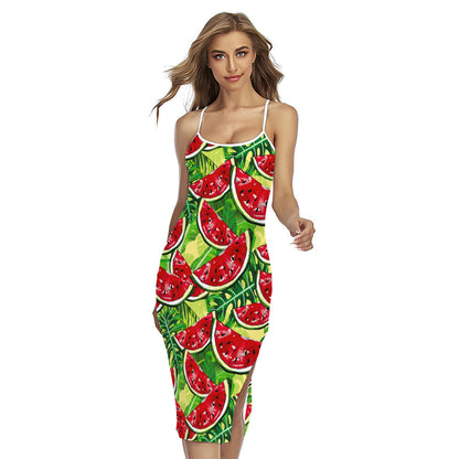 Tropical Leaves Watermelon Pattern Print Cross Back Cami Dress