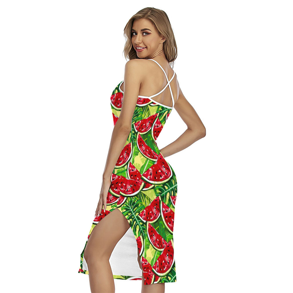 Tropical Leaves Watermelon Pattern Print Cross Back Cami Dress