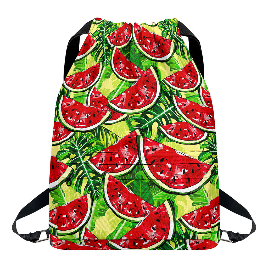 Tropical Leaves Watermelon Pattern Print Drawstring Backpack