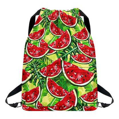 Tropical Leaves Watermelon Pattern Print Drawstring Backpack