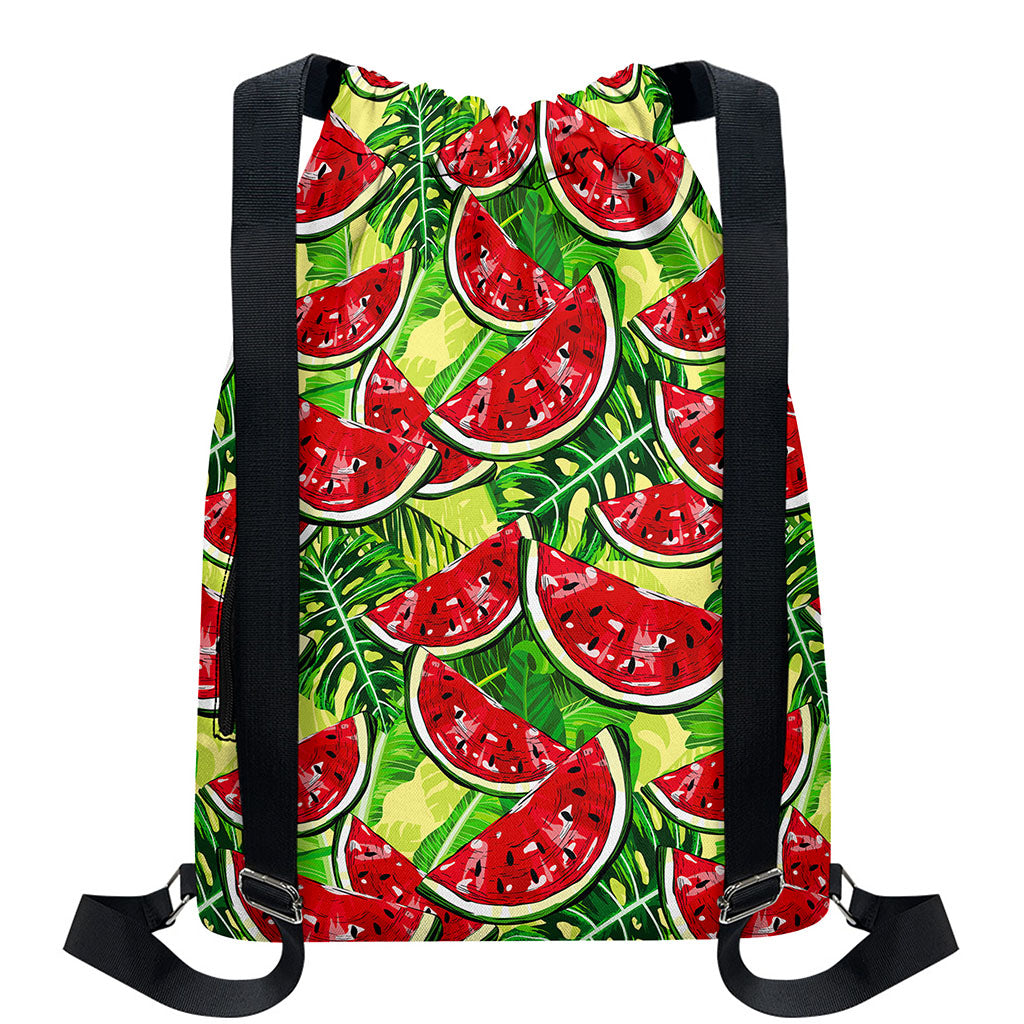 Tropical Leaves Watermelon Pattern Print Drawstring Backpack