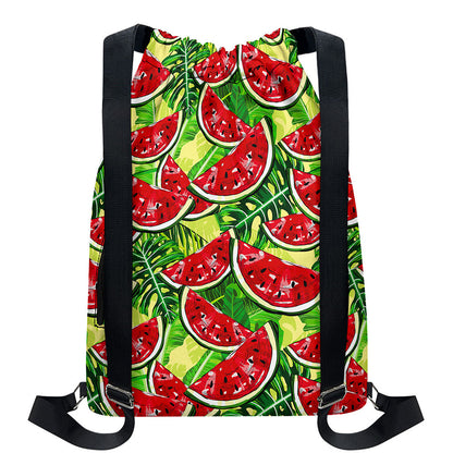 Tropical Leaves Watermelon Pattern Print Drawstring Backpack