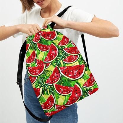 Tropical Leaves Watermelon Pattern Print Drawstring Backpack