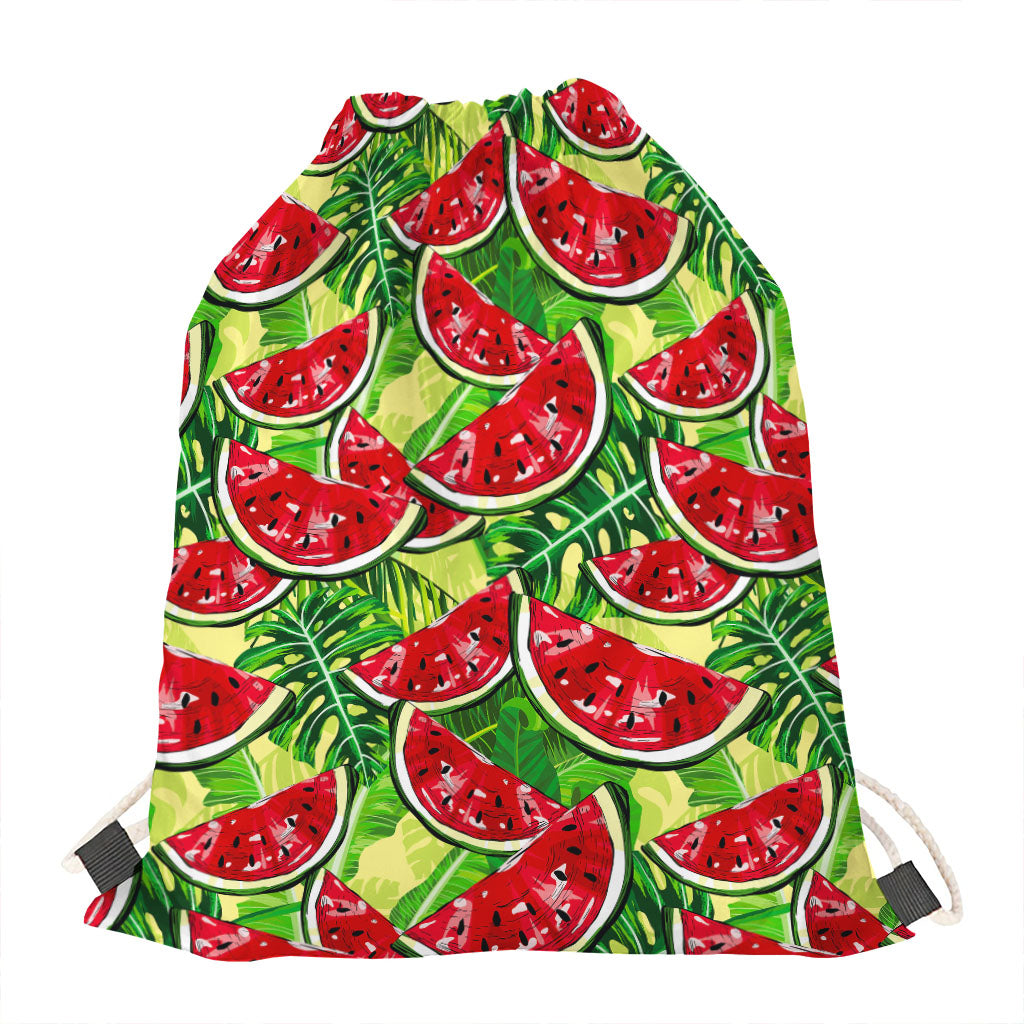 Tropical Leaves Watermelon Pattern Print Drawstring Bag
