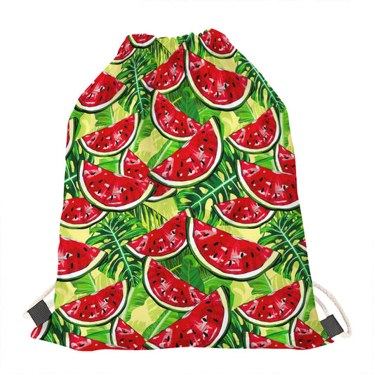 Tropical Leaves Watermelon Pattern Print Drawstring Bag