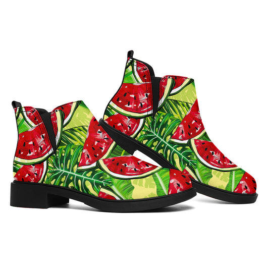 Tropical Leaves Watermelon Pattern Print Flat Ankle Boots