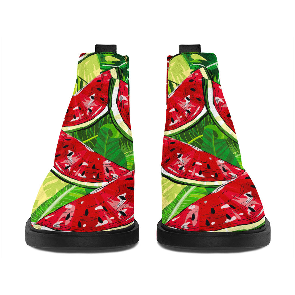 Tropical Leaves Watermelon Pattern Print Flat Ankle Boots