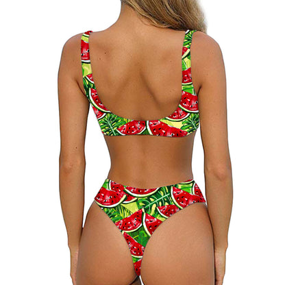 Tropical Leaves Watermelon Pattern Print Front Bow Tie Bikini