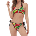 Tropical Leaves Watermelon Pattern Print Halter Scoop Tie Side Bikini