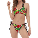 Tropical Leaves Watermelon Pattern Print Halter Scoop Tie Side Bikini