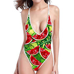 Tropical Leaves Watermelon Pattern Print High Cut One Piece Swimsuit