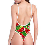 Tropical Leaves Watermelon Pattern Print High Cut One Piece Swimsuit