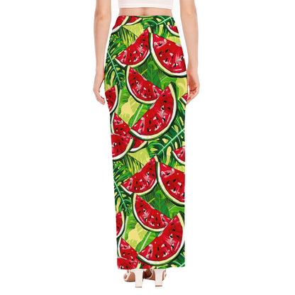 Tropical Leaves Watermelon Pattern Print High Slit Maxi Skirt