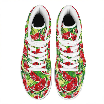 Tropical Leaves Watermelon Pattern Print High Top Leather Sneakers