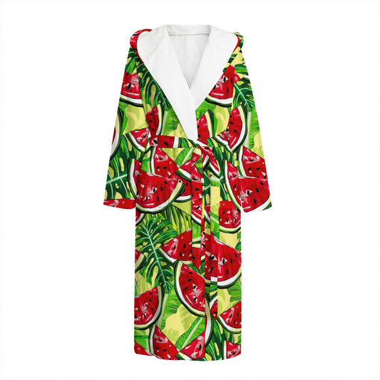 Tropical Leaves Watermelon Pattern Print Hooded Bathrobe