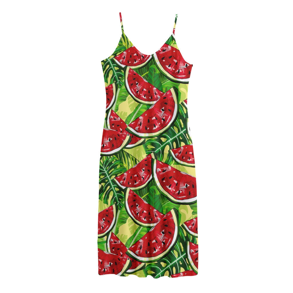 Tropical Leaves Watermelon Pattern Print Jersey Midi Cami Dress