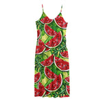 Tropical Leaves Watermelon Pattern Print Jersey Midi Cami Dress
