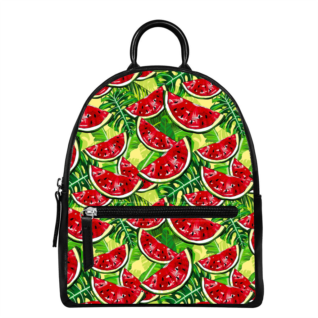 Tropical Leaves Watermelon Pattern Print Leather Backpack