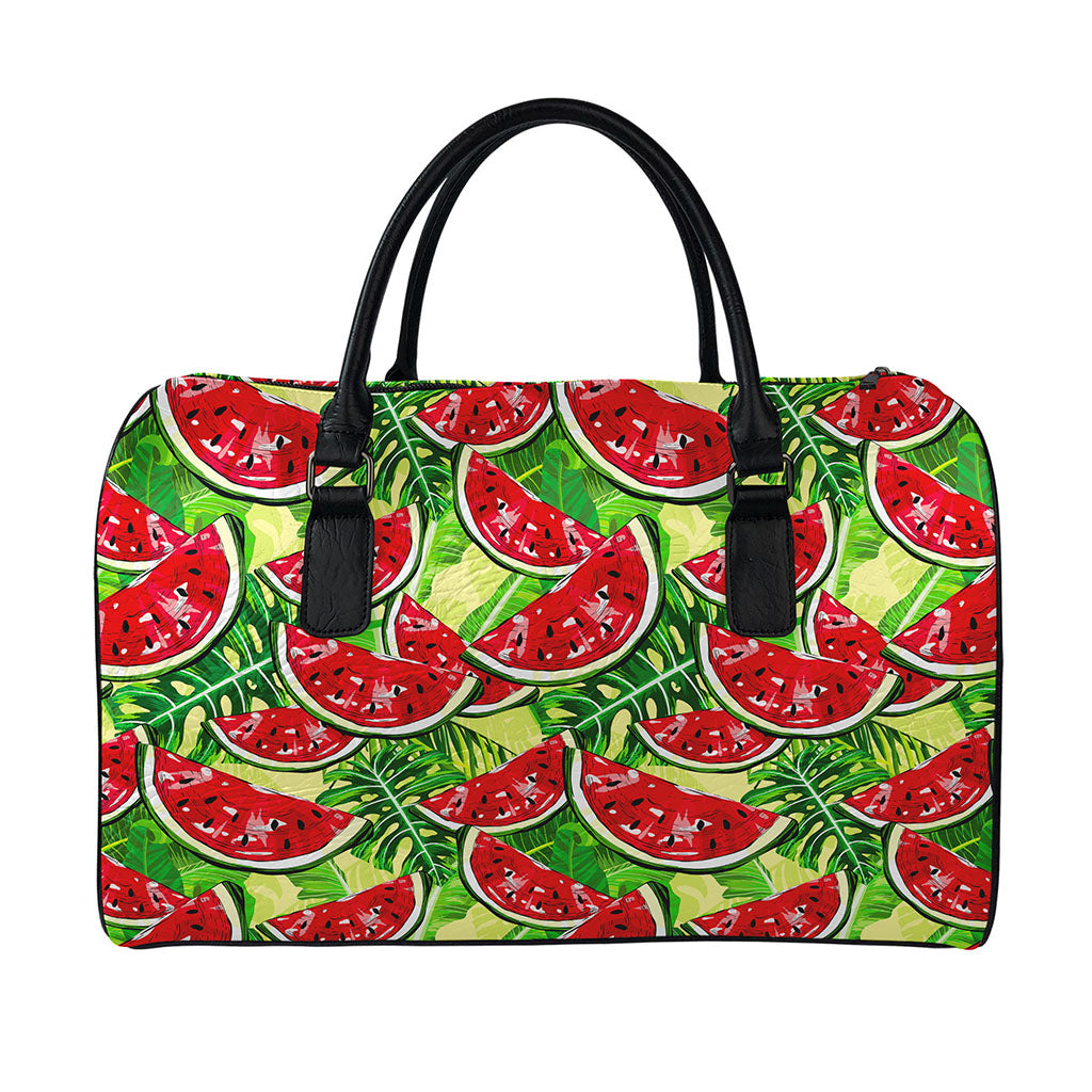 Tropical Leaves Watermelon Pattern Print Leather Duffle Bag