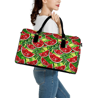 Tropical Leaves Watermelon Pattern Print Leather Duffle Bag