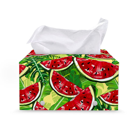 Tropical Leaves Watermelon Pattern Print Leather Tissue Box Cover
