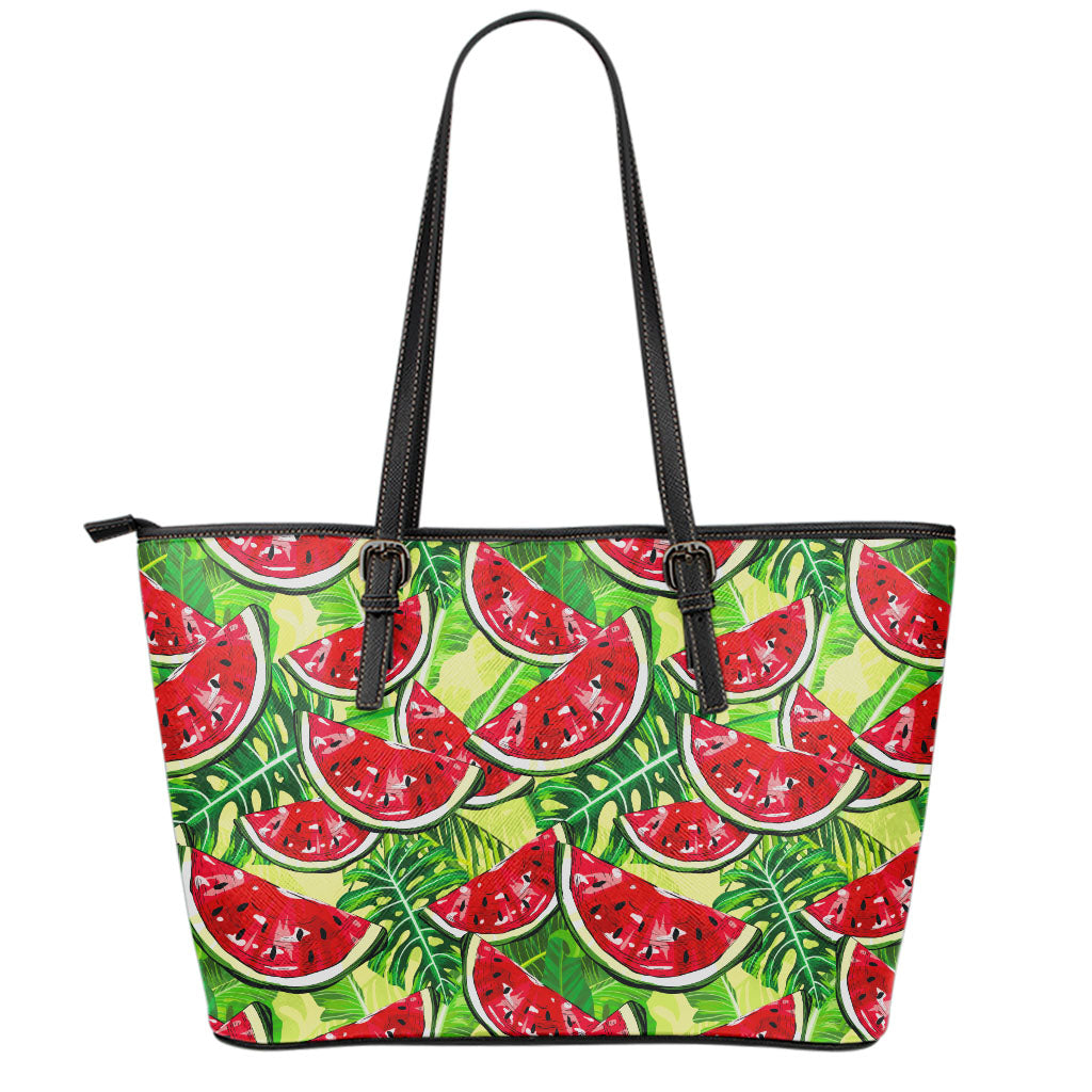 Tropical Leaves Watermelon Pattern Print Leather Tote Bag