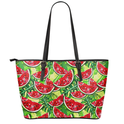 Tropical Leaves Watermelon Pattern Print Leather Tote Bag
