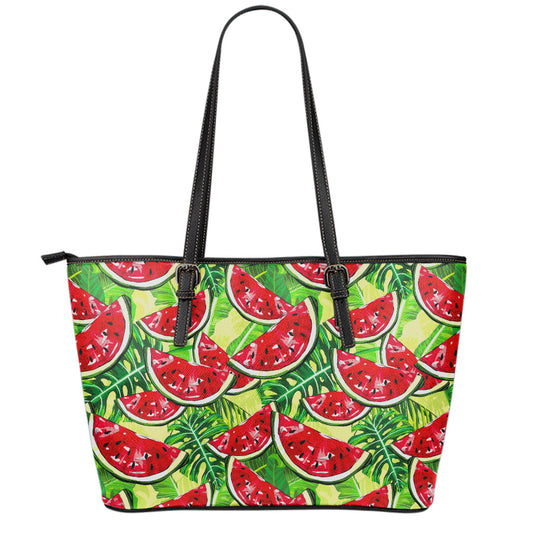 Tropical Leaves Watermelon Pattern Print Leather Tote Bag