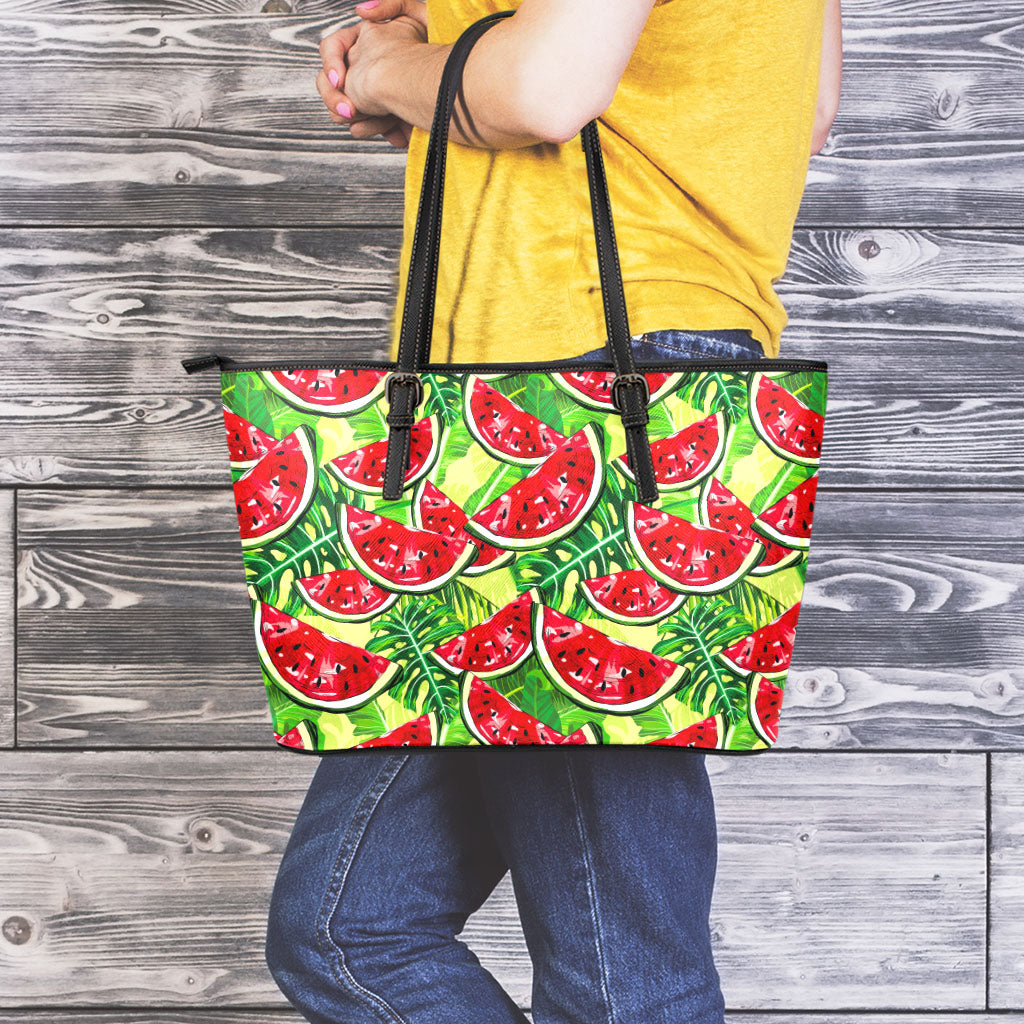 Tropical Leaves Watermelon Pattern Print Leather Tote Bag
