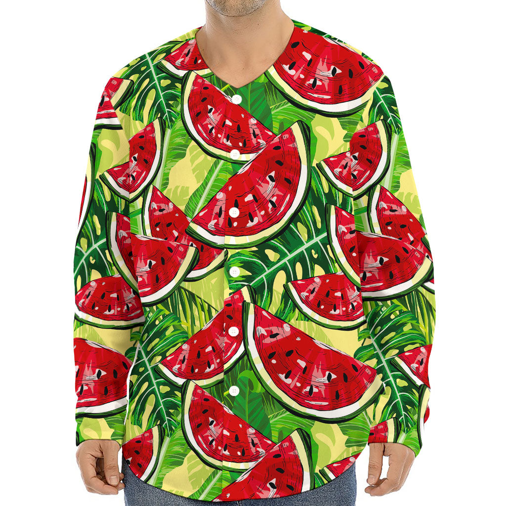 Tropical Leaves Watermelon Pattern Print Long Sleeve Baseball Jersey