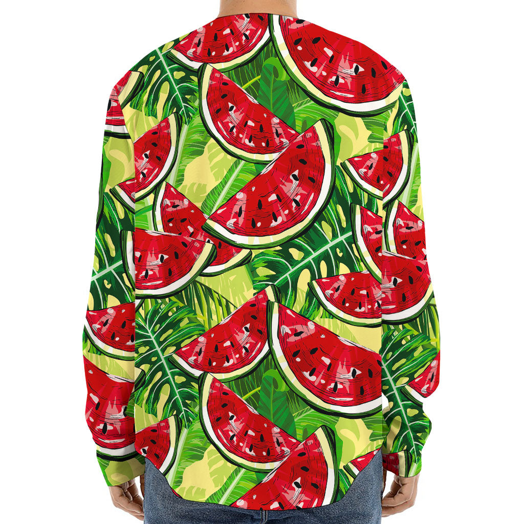 Tropical Leaves Watermelon Pattern Print Long Sleeve Baseball Jersey