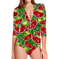 Tropical Leaves Watermelon Pattern Print Long Sleeve Swimsuit