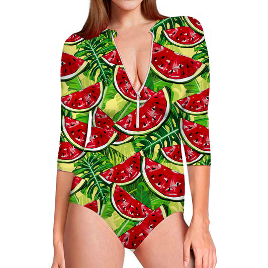 Tropical Leaves Watermelon Pattern Print Long Sleeve Swimsuit
