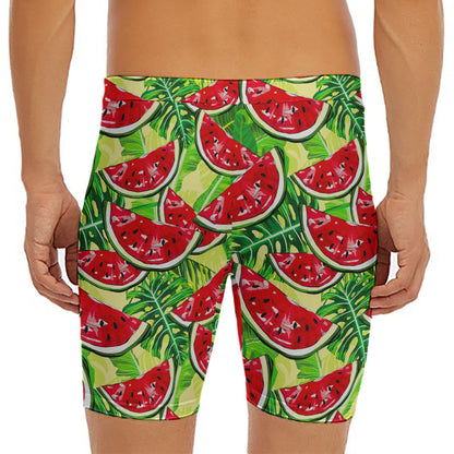 Tropical Leaves Watermelon Pattern Print Men's Long Boxer Briefs