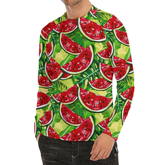 Tropical Leaves Watermelon Pattern Print Men's Long Sleeve Rash Guard