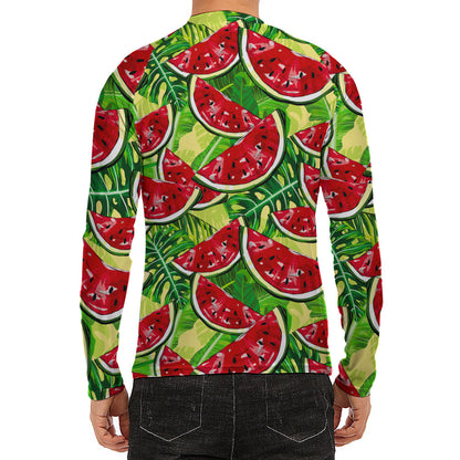Tropical Leaves Watermelon Pattern Print Men's Long Sleeve Rash Guard