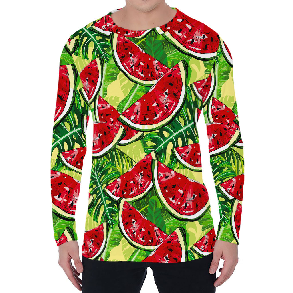 Tropical Leaves Watermelon Pattern Print Men's Long Sleeve T-Shirt