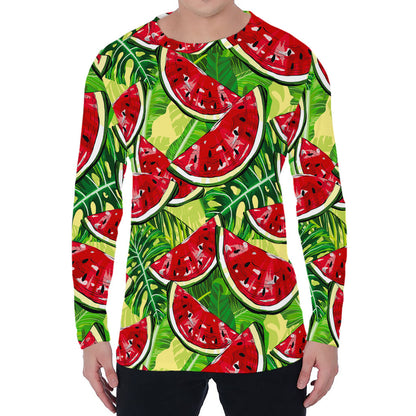 Tropical Leaves Watermelon Pattern Print Men's Long Sleeve T-Shirt