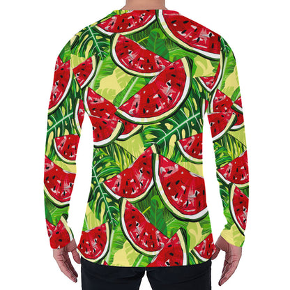 Tropical Leaves Watermelon Pattern Print Men's Long Sleeve T-Shirt