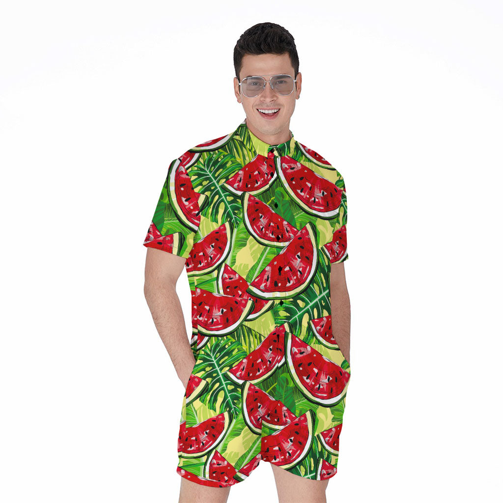 Tropical Leaves Watermelon Pattern Print Men's Rompers