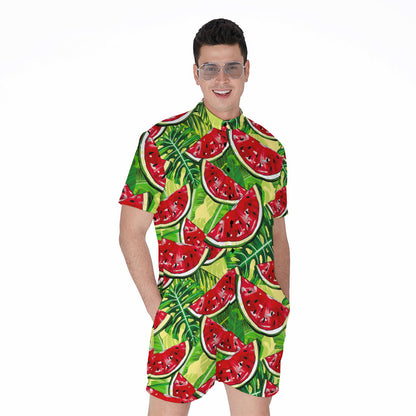 Tropical Leaves Watermelon Pattern Print Men's Rompers