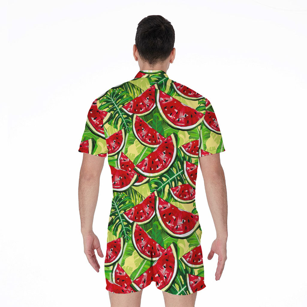 Tropical Leaves Watermelon Pattern Print Men's Rompers